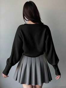 Teen Girl Black Knitwear Cardigan,Autumn Holiday Back-To-School Solid Loose Short Bolero Cardigan With Batwing Sleeves,Everyday Casual Cropped Tops - Black - View 2