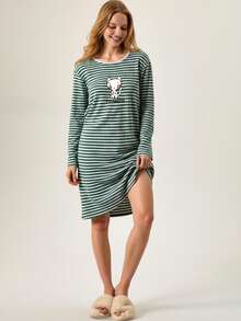 Loomlin 女士棉质罗纹针织撞色镶边猫咪刺绣长袖睡衣睡裙 - 綠色 - 查看 5