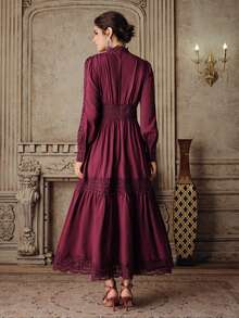 Anewsta Elegant French Style Burgundy Red Dress, Waist Cinched, Slim Fit, Hollow-Out Lace Patchwork, Flared Dress For Women - Dusty Pink - View 3