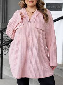 SHEIN CURVE+ Áo thun chui đầu họa tiết gân có mũ trùm đầu nửa khóa kéo cỡ lớn dành cho nữ, mùa thu/đông - Màu Hồng baby - Xem 5
