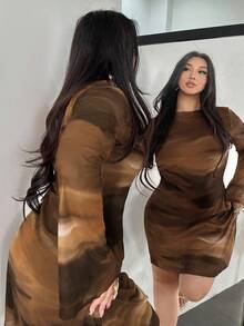 Firerie Váy xòe tay loe hở lưng in họa tiết nhuộm loang cỡ lớn cho nữ, váy đi nghỉ, gợi cảm/nghỉ dưỡng/bãi biển/lãng mạn/lễ hội âm nhạc/thường ngày - Màu nâu  Mocha - Xem 3