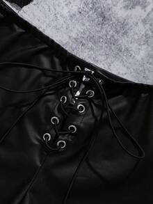 SHEIN Women's Solid Color PU Leather Punk Style D-Ring Waist Briefs - Black - View 7