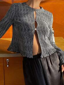 Livesso Élégante blouse avec bordure en dentelle noire brillante, convenant pour le Nouvel An, Noël, mariage, fête, occasions formelles. Cardigan chemise à lacets pour femmes, manches longues pour l'automne/hiver - Gris foncé - Voir 6
