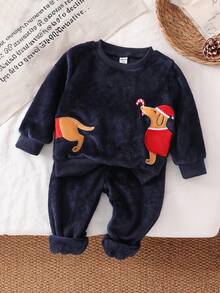 2pcs Baby Boy Christmas Fleece Red Hat Dog Print Cute Navy Blue Long Sleeve Top And Pants Pajama Set Warm In Winter Kids Best Gift - Royal Blue - View 4