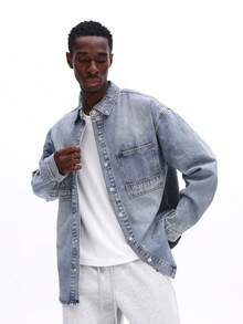 Áo sơ mi denim dáng regular fit SUMWON cài nút, cổ điển, hai túi ngực, tay dài, màu xanh nhạt, kiểu dáng casual, công sở, trơn. - Màu xanh lam - Xem 4