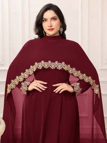 Modelyn Bộ áo choàng và váy đính vải trang trí cỡ lớn bằng tiếng Ả Rập dành cho nữ - Màu Đỏ Sâu - Xem 4
