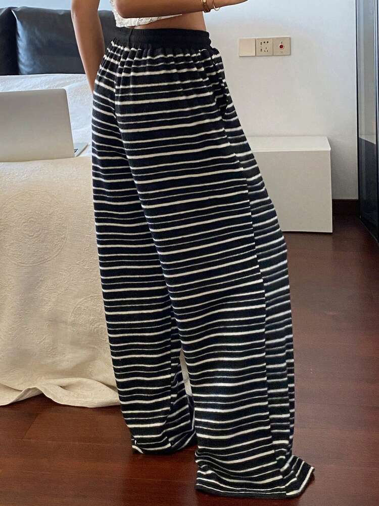 Women's Striped Print Drawstring Waist Loose Fit Thick Warm Wide Leg Lounge Pants, Autumn/Winter