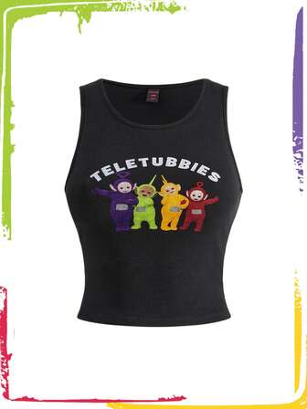 Teletubbies X ROMWE Women's Cute Cartoon & Letter Graphic Fitted Tank Top, Summer
