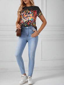 SHEIN LUNE Round Neck Ink-Splattered Print Short Sleeve T-Shirt Graphic Tees Women Tops - Black - View 5