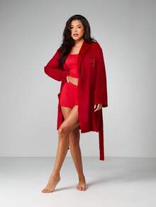 MISSGUIDED 奢华长袖系腰柔软针织睡袍，配有腰带，适合假日冬季居家休闲穿着，舒适保暖。 - 紅色 - 查看 6