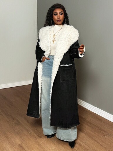 Truni __theloveshegives Plus Size Women's Fuzzy Lined Long Jacket, Modna na jesień/zimę, dla sylwetki typu gruszka trójkąt