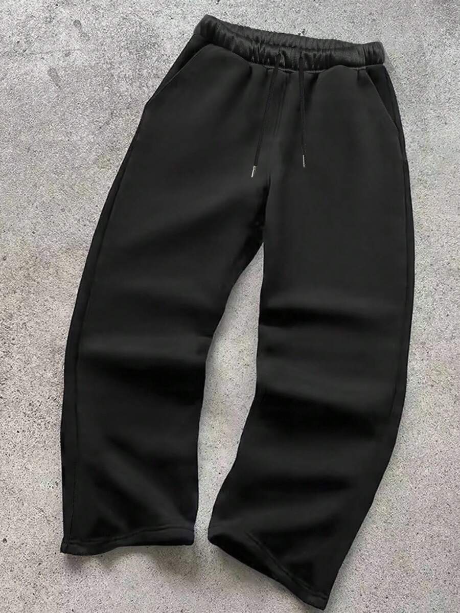 Manfinity Dauomo 男女通用宽松直筒裤 - 弹性抽绳腰带，四季皆宜的街头休闲裤，适合日常和正式场合穿着，可机洗，百搭耐穿，经久耐用的刺绣设计，都市风格 - 黑色 - 查看 1