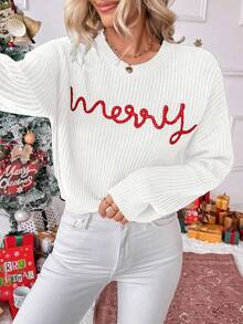 EMERY ROSE Women's Crew Neck Drop Shoulder Long Sleeve Letter Knit Sweater - White - View 4