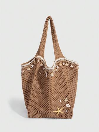 Fairycore 1 pezzo Borsa a spalla da donna stile resort tropicale, intrecciata, cava, color cachi, con grande capacità