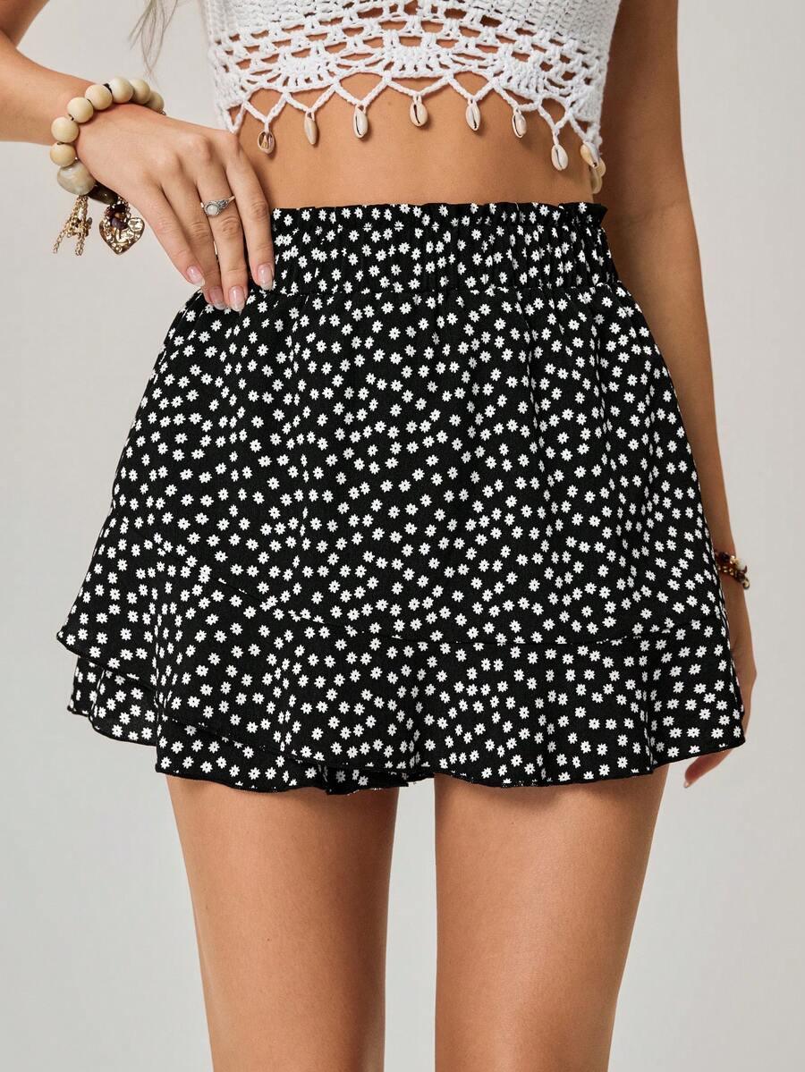 Freevana Women's Floral Ruffle Hem Shorts, Romantic Vacation Style, Shorts For Early Spring - Black - View 1
