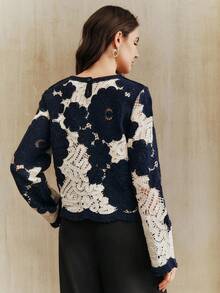 Anewsta Women's Floral Pattern Hollow Round Neck Long Sleeve Fashionable Sweater - Navy Blue - View 3