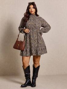 Elaquor Plus Size Casual Ditsy Floral Stand Collar Dress, Autumn Plus Size Boho Dress Ditsy Floral Dress Plus Size Winter Dresses, Casual Outfits For Women - Multicolor - View 6
