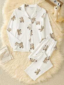 男童复古卡通熊印花长袖上衣和裤子两件套睡衣，休闲舒适 - 米色 - 查看 1