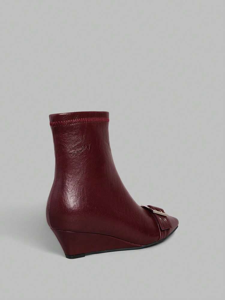 Women's Pointed Toe Buckle Design Fashion Versatile Wedge Ankle Boots For Christmas