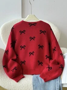 SHEIN Girls' Round Neck Pullover Green Christmas Embroidered Floral Sweater, Autumn - Grey - View 2