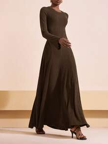 Zivah Women's Shades Of Brown Elegant Autumn Everyday Long Dress,Mustard Yellow Brushed Striped Knitted Round Neck Long Sleeve Large Swing Back Tie Dress - Brown - View 4
