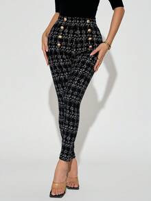 SHEIN PETITE 女士腰部金属纽扣格子休闲优雅打底裤，秋季 - 黑與白 - 查看 4