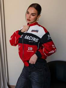 Bris Aura Chaqueta tipo bomber con estampado de letras y contraste de colores y hombros caídos para ropa de Año Nuevo - Rojo - Ver 6