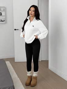 SHEIN EZwear Old Money Casual Sets For Women Casual Versatile College Style Solid Color Sweatshirt And Leggings Women Set - White - View 4