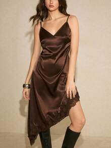 Poéselle Váy yếm ren tương phản viền bất đối xứng dành cho nữ, mùa hè - màu nâu - Xem 5