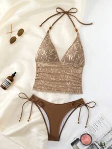 Swim Chiccia Elegant Women's Brown Halter Tankini Top With Plants Pattern And Matching Tie Side Bottoms - Brown - View 10