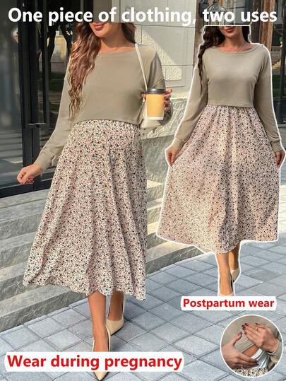 SHEIN Maternity Casual Floral Patchwork Nursing Dress, Autumn