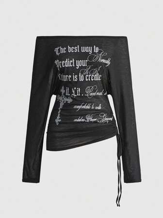 ROMWE Avant Maglietta a maniche lunghe trasparente da donna in stile retrò Y2K, con stampa di lettere romantiche punk, scollo a spalle scoperte