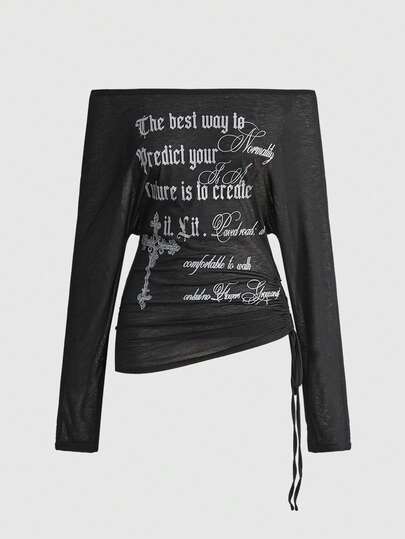 ROMWE Avant Women's Retro Y2K Baddie Romantic Punk Cross Letter Print Off Shoulder Long Sleeve Sheer T-Shirt Top
