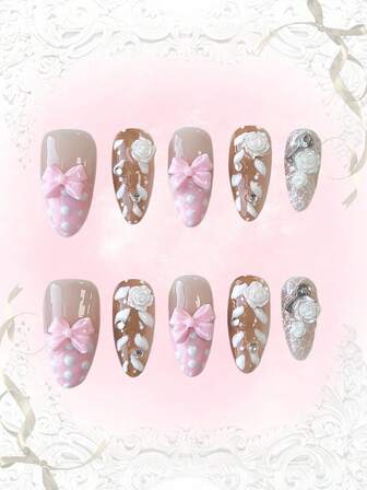 Anime 10 piezas de uñas postizas de alta calidad con diseños de moños, notas musicales y estrellas, hechas a mano + 3 piezas de adhesivo doble cara, pegatinas de arte de uñas con cadena de cristal, estilo francés Y2K con lunares, removibles, adecuadas para vacaciones, fiestas, baile y uso diario