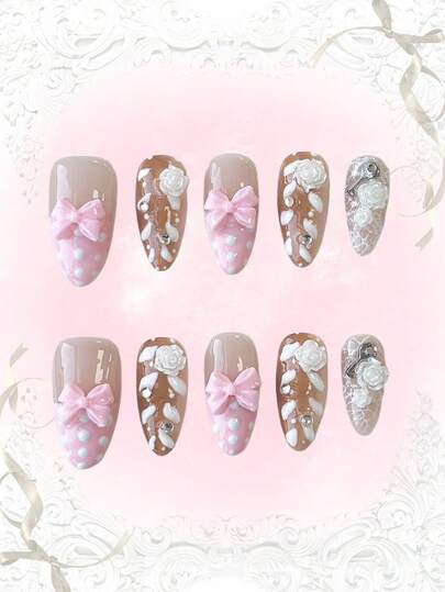 Anime 10 piezas de uñas postizas de alta calidad con diseños de moños, notas musicales y estrellas, hechas a mano + 3 piezas de adhesivo doble cara, pegatinas de arte de uñas con cadena de cristal, estilo francés Y2K con lunares, removibles, adecuadas para vacaciones, fiestas, baile y uso diario