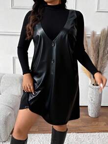 SHEIN Frenchy فستان بياقة على شكل حرف V بدون أكمام ولباس علوي بأكمام طويلة مجموعة كاجوال بقطعتين للمقاسات الكبيرة - الأسود - مشاهدة 1
