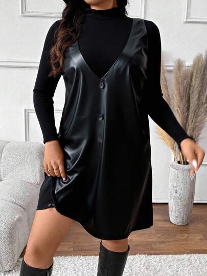 SHEIN Frenchy 大码纯色V领无袖连衣裙和长袖上衣休闲简约两件套