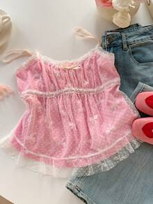 Comfortcana 女士时尚性感Y2K蕾丝边蝴蝶吊带背心，新年新款 - 粉色 - 查看 4