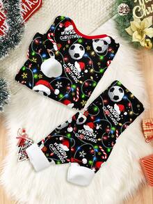 Pijama de niño pequeño de estilo minimalista casual, clásico y cómodo para Navidad, con diseños divertidos, de fútbol, de dibujos animados y de Navidad, de corte ajustado, cuello redondo y manga larga, adecuado para otoño/invierno - Multicolor - Ver 3