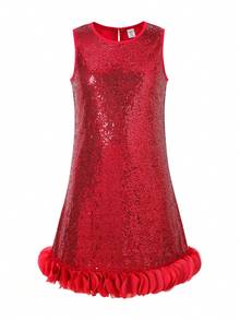 少女浪漫优雅奢华酒红色圆领蝴蝶结亮片中长款派对礼服，适合晚宴、婚礼、花童、舞会、生日、圣诞节、新年等场合。 - 紅色 - 查看 3