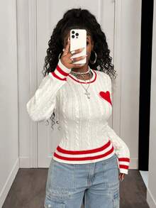 BamGleam Áo len nữ tay dài màu trắng kẻ sọc đỏ cổ tròn in hình trái tim đỏ, thích hợp cho đêm giao thừa, kiểu dáng thường ngày, phù hợp cho các cặp đôi dự tiệc. - trắng - Xem 6