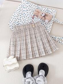 Genkimix Kids 年轻女孩时尚A字百褶裙，优雅风格，秋季新品 - 杏色 - 查看 3