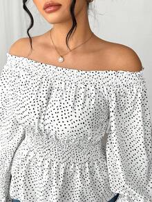 Elenzga Plus-Size Women's Spring/Summer Casual Dress For Picnics And Gatherings. Classic Black-And-White Polka-Dot Print. Cute, Fresh, And Elegant Style With A French-Inspired Sweet Design. One-Shouldered Neckline, Cable-Knit Waistband For A Loose, Comfortable Fit. Ruffled Hem And Waist-Constricting Design. Perfect With Doll-Like Blouses Or Shirts. - Black and White - View 9