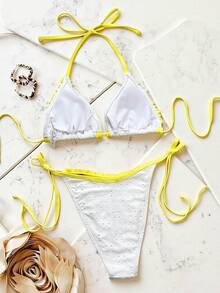 Bonvoyette 女士纯色刺绣网纱荷叶边系带露背比基尼套装，性感可爱沙滩泳衣，春夏款