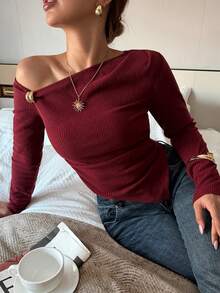 新款酒红色斜肩修身女式T恤 - 酒紅色 - 查看 1