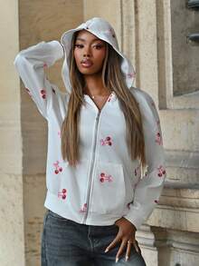 Mima John Damen Kirsch-Muster Sweatjacke mit Zippverschluss und Dropped Shoulders, Herbst Thermo, Langarm Oberteil - Weiss - Übersicht 3