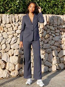 Yess Loren Women's Minimalist Notch Collar Blazer And Pants Suit, Commuting Style Fall Cloth For Women - Navy Blue - View 4
