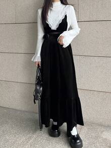 FRIFUL 女士纯色丝绒面料多层吊带腰带束腰长款喇叭裙摆蕾丝褶皱荷叶边宽松休闲百搭长裙，秋冬款 - 黑色 - 查看 8