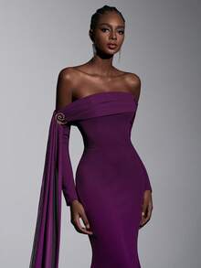 Elitara 优雅的梅紫色雪纺弹力针织露肩长裙，饰有层叠荷叶边，侧边金属装饰纽扣，修身长袖鱼尾裙摆，带拖尾，适合各种正式场合，如婚礼、派对、女士正式晚礼服、情人节等。 - 深紫色 - 查看 5