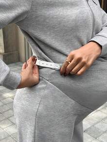 SHEIN 2pcs Maternity Set: Long Sleeve Hooded Jacket With Pocket & Embroidery, Loose Fit Wide Leg Pants - Grey - View 5